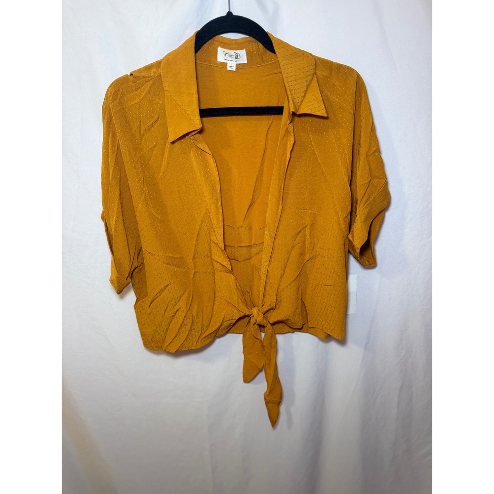 Mustard Yellow Tie Front Crop Top L Boho Metallic Clip Dot Tulip B NWT